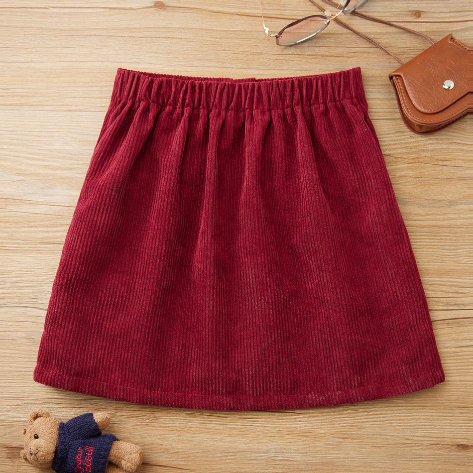 Kid Girl Solid Color Zipper Design Corduroy Skirt Red big image 3