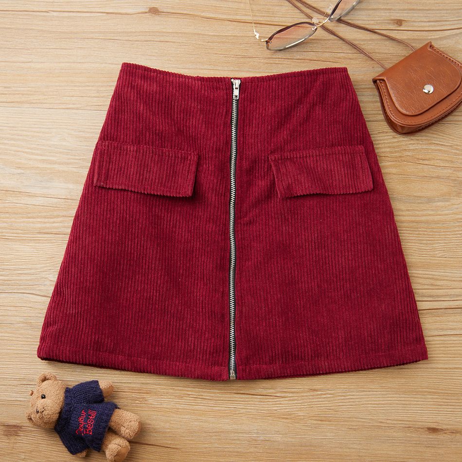 Kid Girl Solid Color Zipper Design Corduroy Skirt Red
