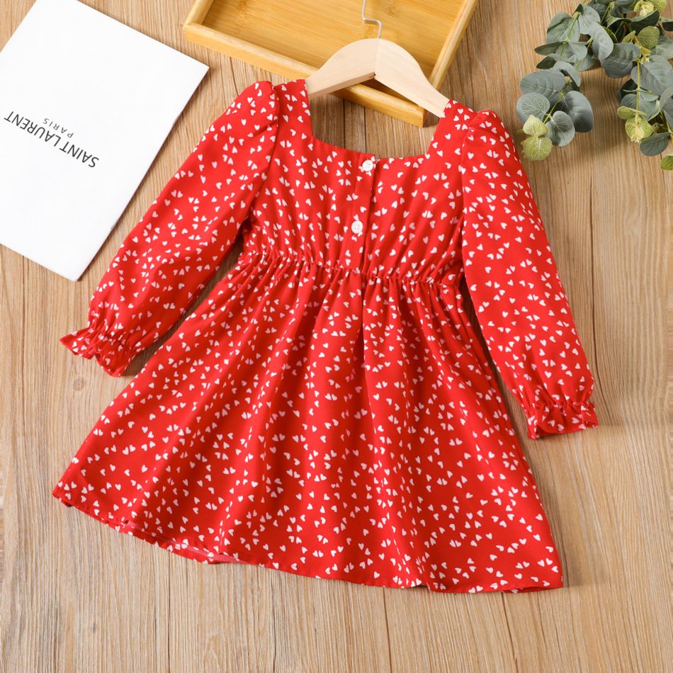 طفل صغير فتاة القلب طباعة مربع الرقبة bowknot تصميم فستان أحمر طويل الأكمام أحمر big image 2