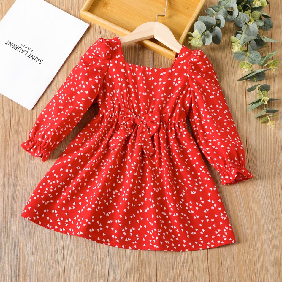 طفل صغير فتاة القلب طباعة مربع الرقبة bowknot تصميم فستان أحمر طويل الأكمام أحمر big image 1
