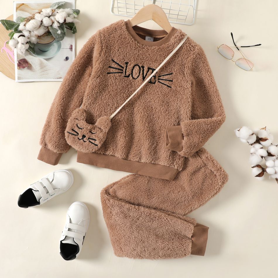 3pcs Kid Girl Letter Cat Embroidered Teddy Fleece Sweatshirt & Pants and Crossbody Bag Set Coffee