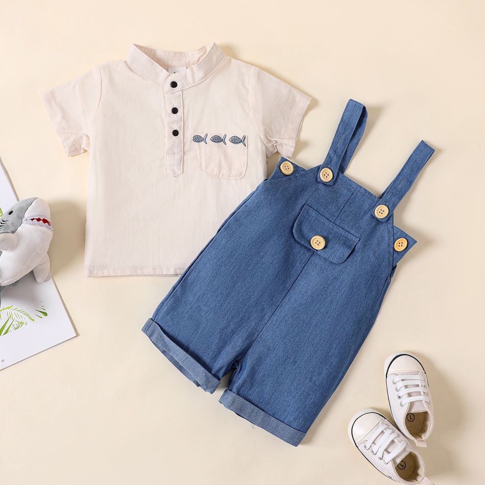 100% Cotton Baby Fish Print Stand Collar Short-sleeve Apricot Shirt Top and Blue Overalls Pants Set Beige