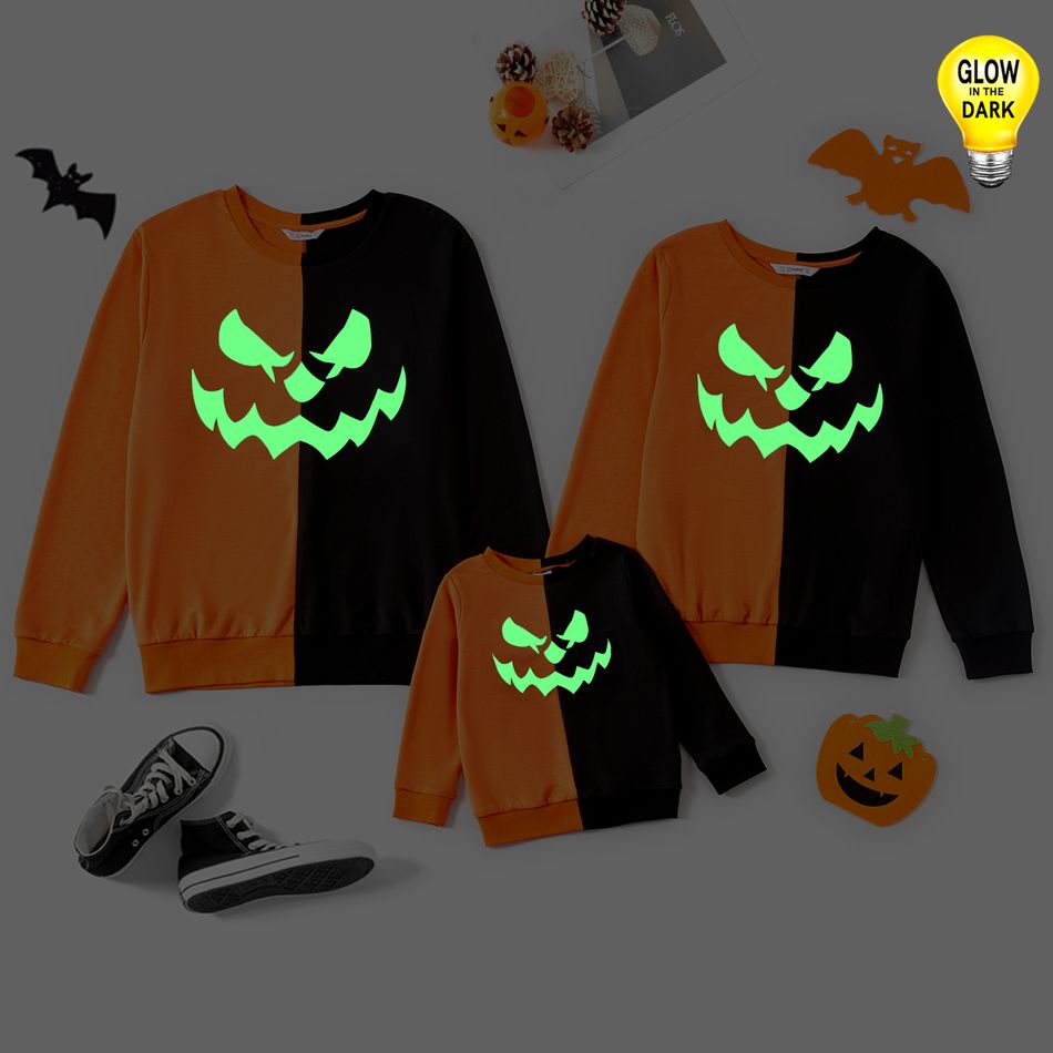 Halloween Family Matching Glow In The Dark Pumpkin Print Long-sleeve Colorblock Sweatshirts ColorBlock big image 2