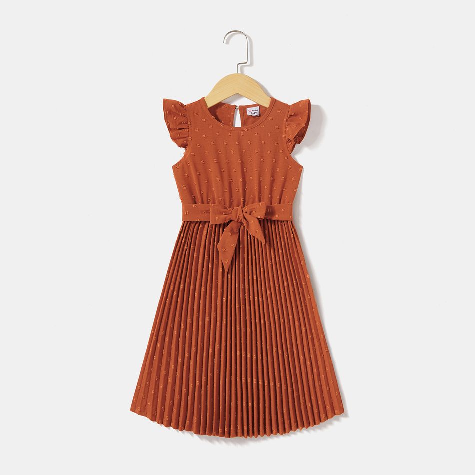 Solid Swiss Dot Surplice Neck Pleated Belted Dress for Mom and Me orangered big image 6