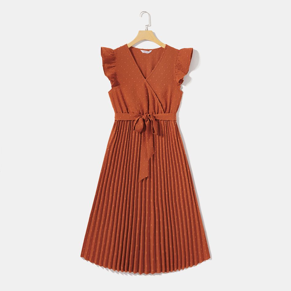 Solid Swiss Dot Surplice Neck Pleated Belted Dress for Mom and Me orangered big image 2