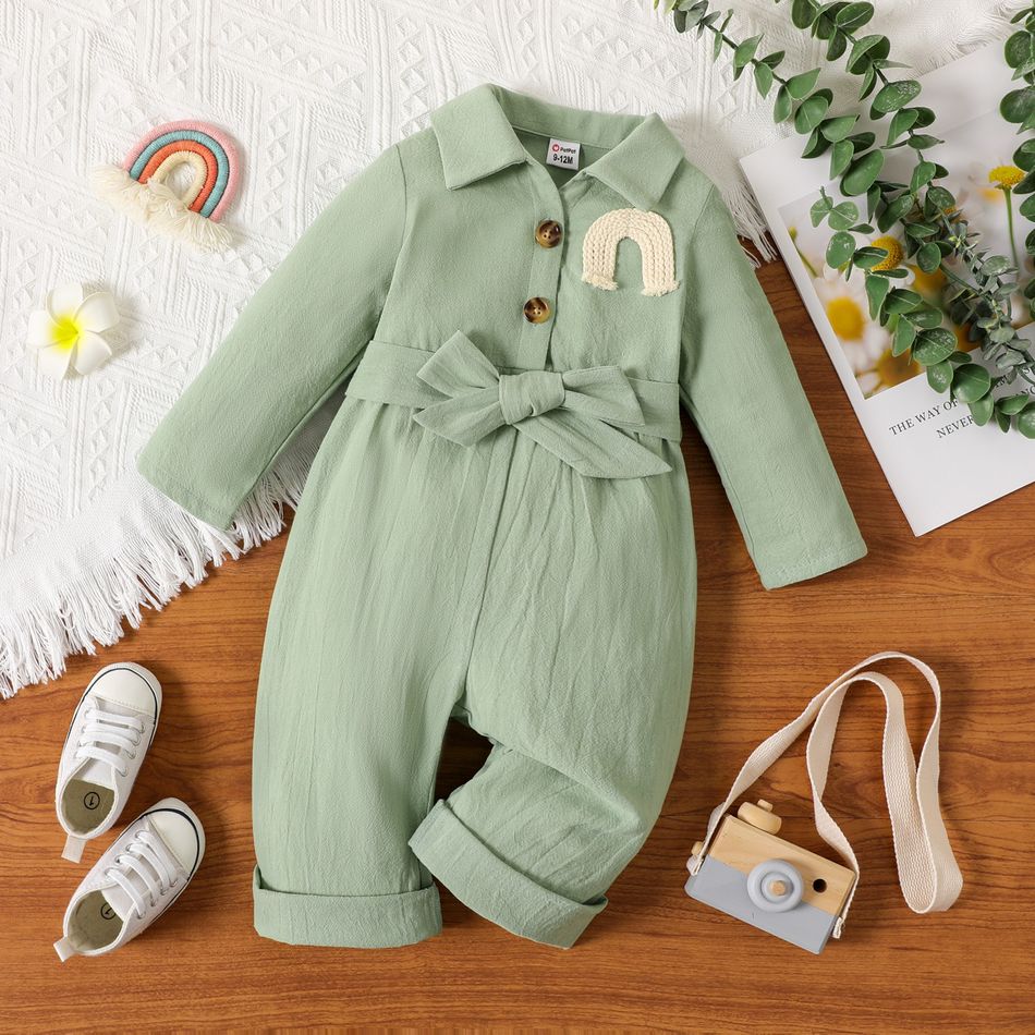 100% Cotton Baby Girl Rainbow Detail Button Front Solid Long-sleeve Belted Jumpsuit GrayGreen