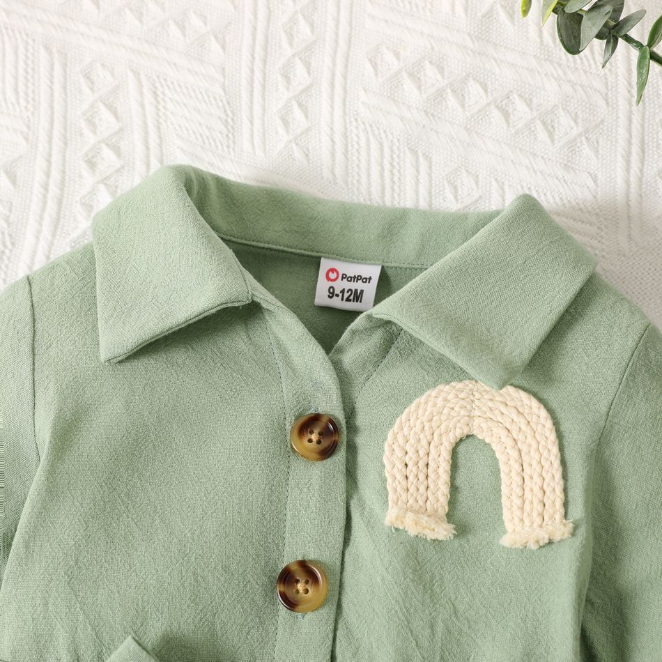 100% Cotton Baby Girl Rainbow Detail Button Front Solid Long-sleeve Belted Jumpsuit GrayGreen big image 3