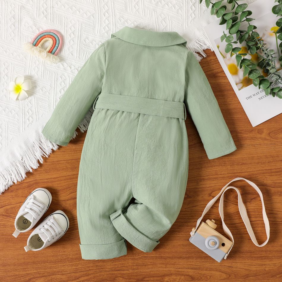 100% Cotton Baby Girl Rainbow Detail Button Front Solid Long-sleeve Belted Jumpsuit GrayGreen big image 2