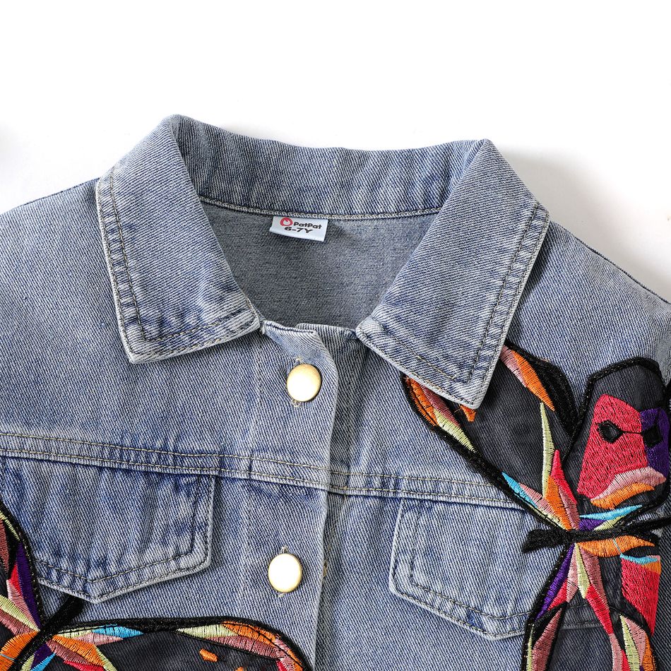 Kid Girl 100% Cotton Butterfly Embroidered Lapel Collar Denim Jacket DENIMBLUE big image 2