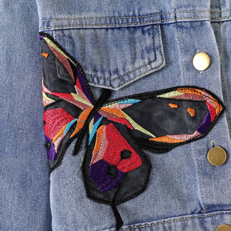 Kid Girl 100% Cotton Butterfly Embroidered Lapel Collar Denim Jacket DENIMBLUE big image 3