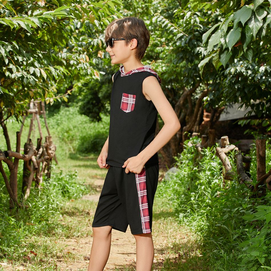 2pcs Kid Plaid Pocket Design Colorblock Sleeveless Hooded Tee and Elasticized Shorts Set Black big image 6