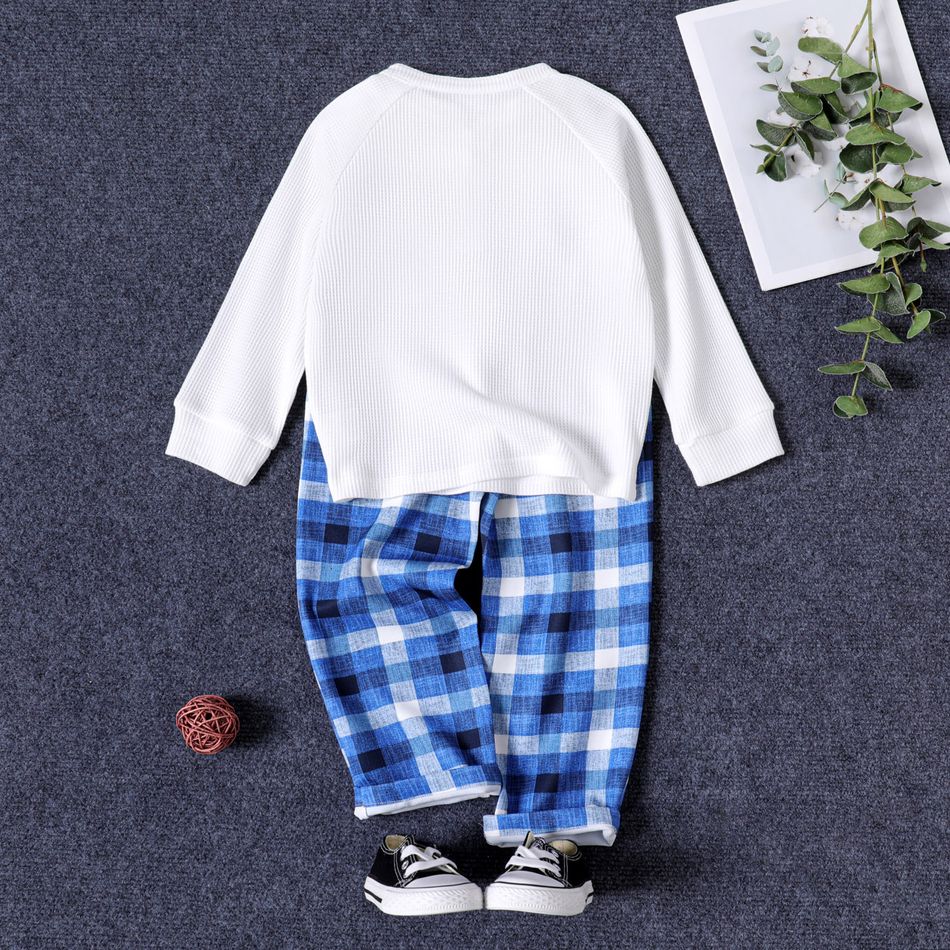 2pcs Toddler Boy Preppy style Button Pocket Design Raglan Sleeve White Shirt and Plaid Pants Set White big image 2