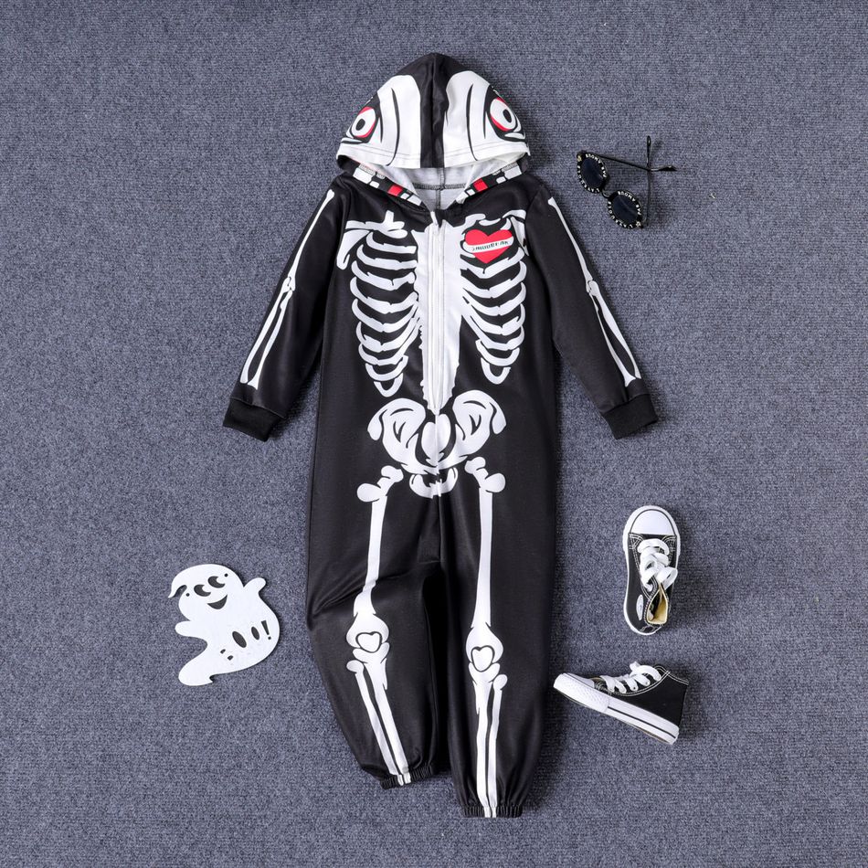 Toddler Boy Halloween Skeleton Print Zipper Design Black Hooded Jumpsuits Black