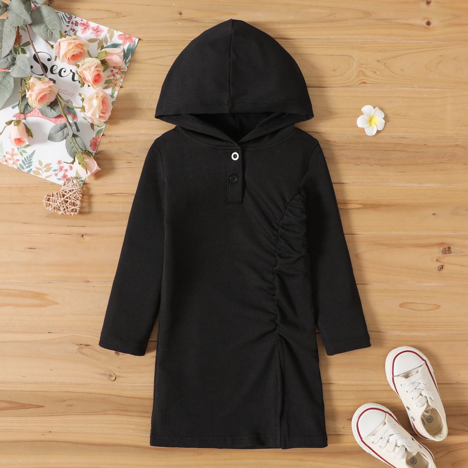 Toddler Girl Solid Color Button Design Ruched Long-sleeve Hooded Dress Black