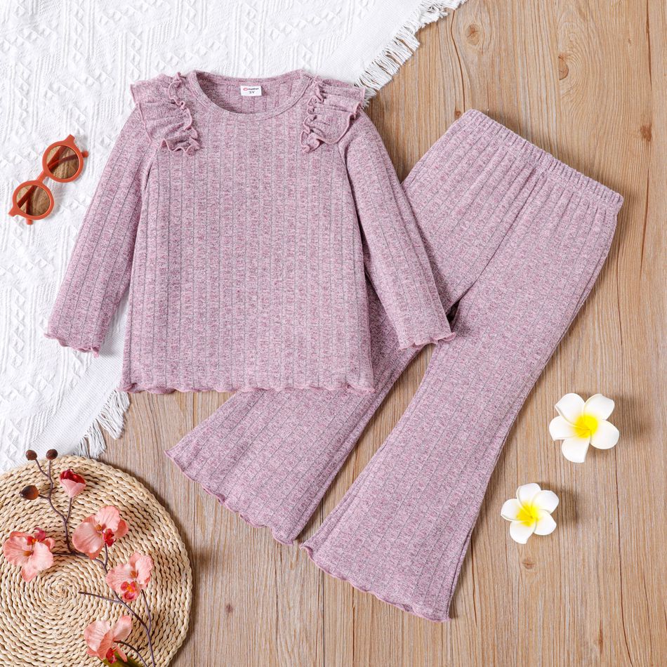 2pcs Toddler Girl Ruffled Lettuce Trim Long-sleeve Solid Color Tee and Flared Pants Set Pink