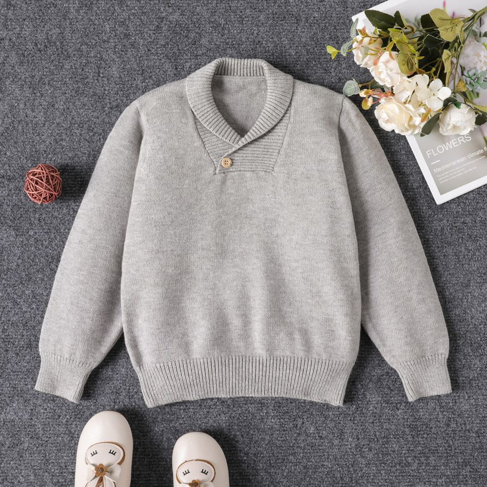 Toddler Boy Casual Solid Color Lapel Collar Knit Sweater Grey big image 1