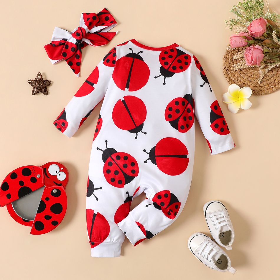 2pcs Baby Girl Allover Red Ladybug Print Long-sleeve Snap Jumpsuit with Headband Set Red-2 big image 2