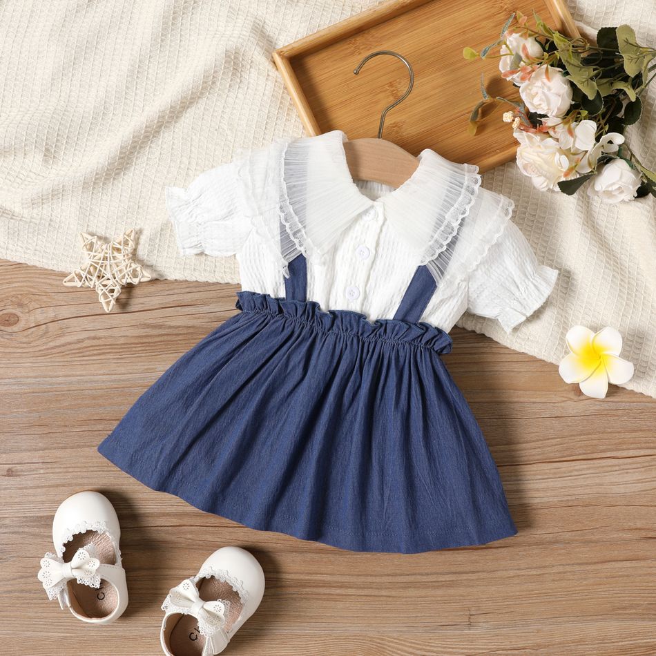Baby Girl Cotton Puff-sleeve Button Up Faux-two Imitation Denim Dress White
