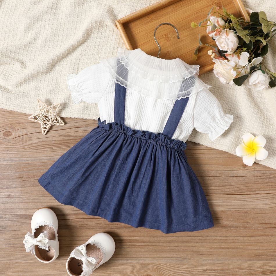 Baby Girl Cotton Puff-sleeve Button Up Faux-two Imitation Denim Dress White big image 2