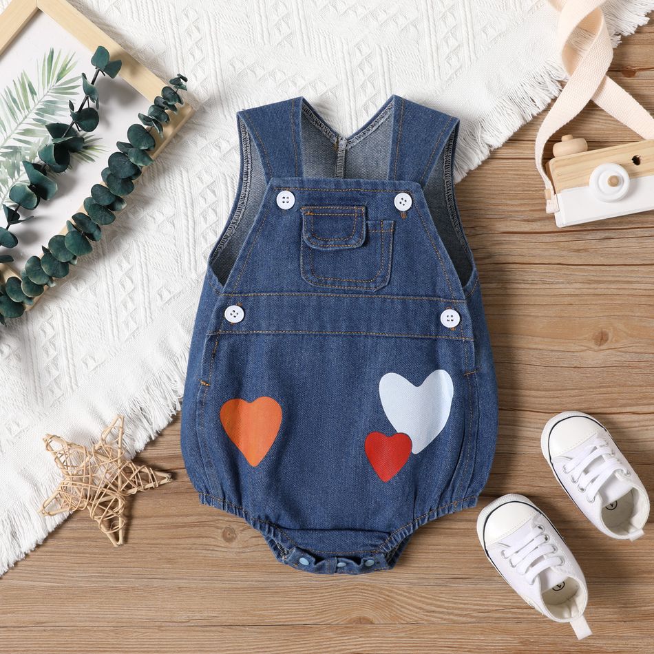 Baby Girl 95% Cotton Denim Love Heart Print Overalls Shorts Blue