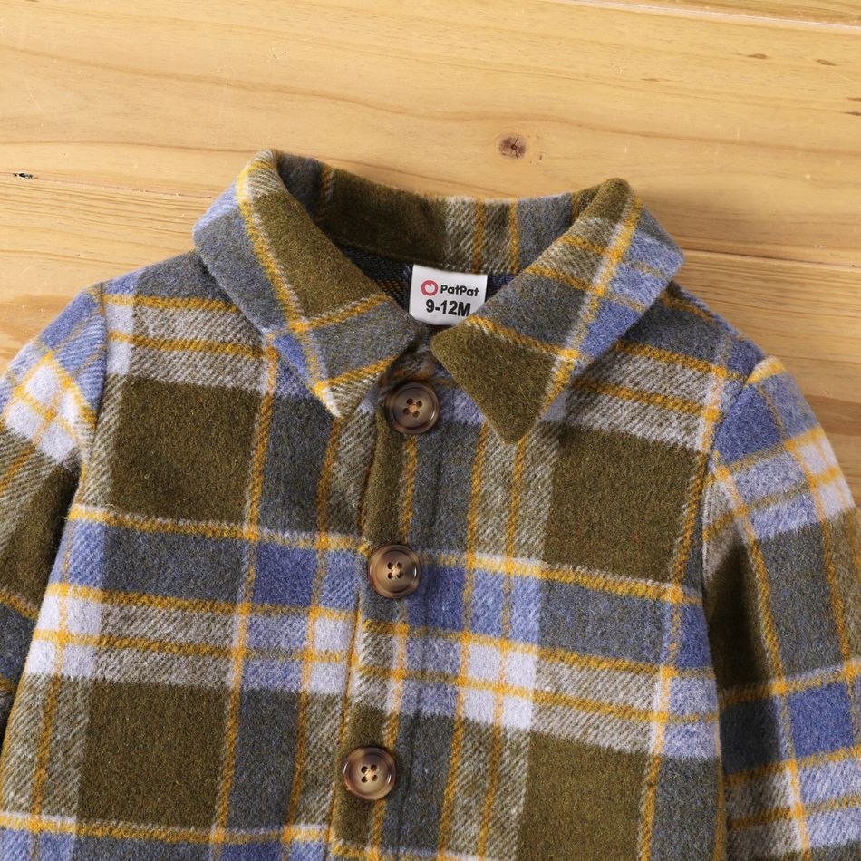 2pcs Baby Boy 100% Cotton Straight Leg Pants and Long-sleeve Plaid Shirt Set Army green big image 3