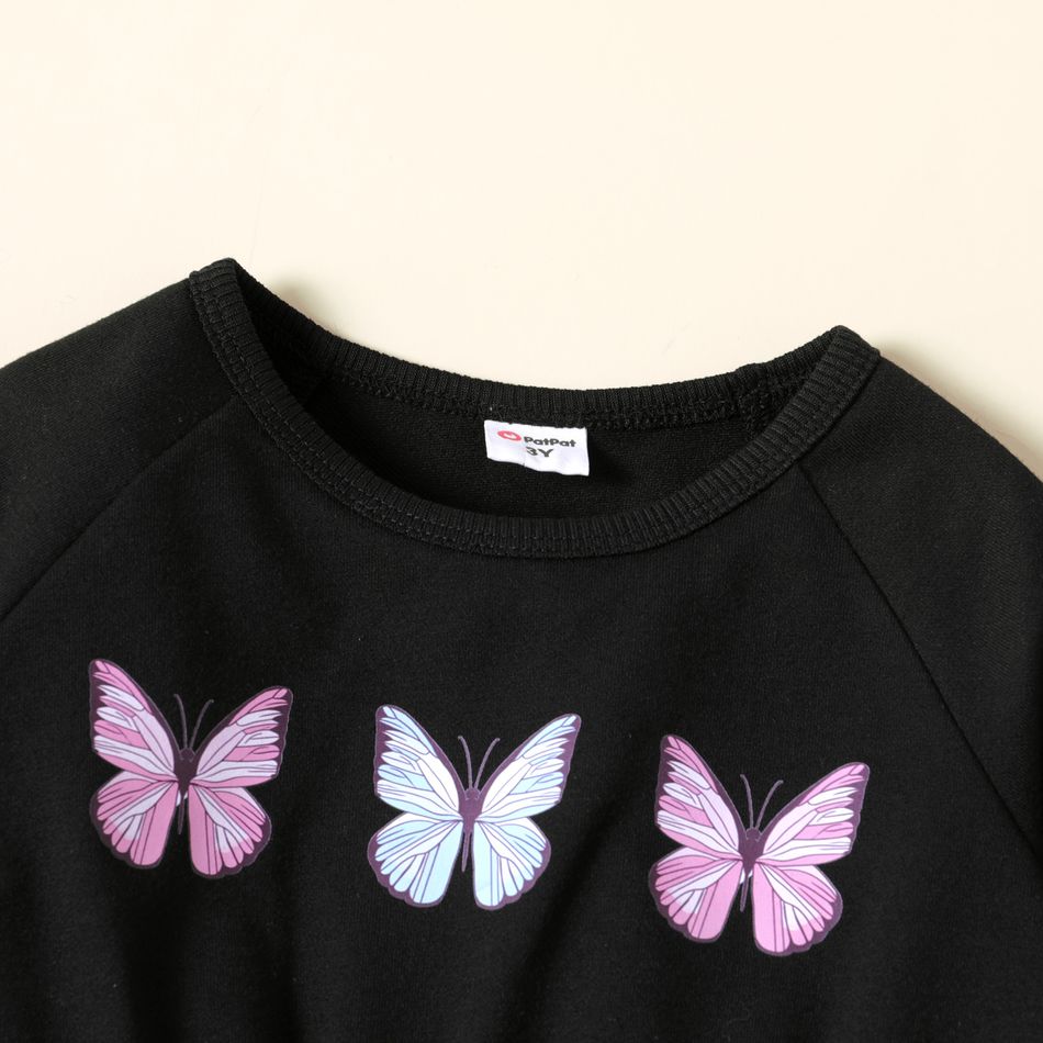 2pcs Toddler Girl Butterfly Print Crop Sweatshirt and Elasticized Pants Set Black big image 4