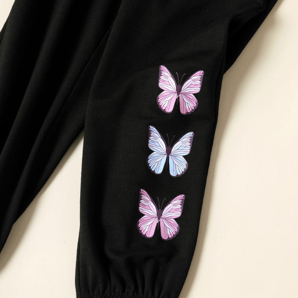 2pcs Toddler Girl Butterfly Print Crop Sweatshirt and Elasticized Pants Set Black big image 5