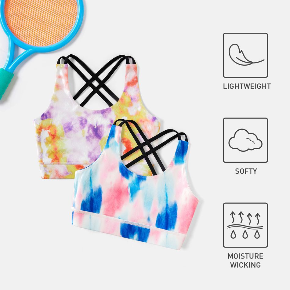 Activewear Polyester Spandex Fabric Kid Girl Tie Dyed Crisscross Back Breathable Tank Tops powderblue big image 2