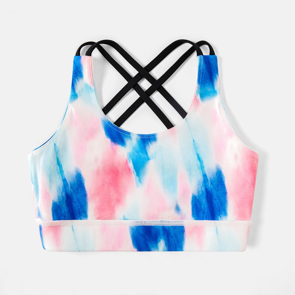 Activewear Polyester Spandex Fabric Kid Girl Tie Dyed Crisscross Back Breathable Tank Tops powderblue big image 1