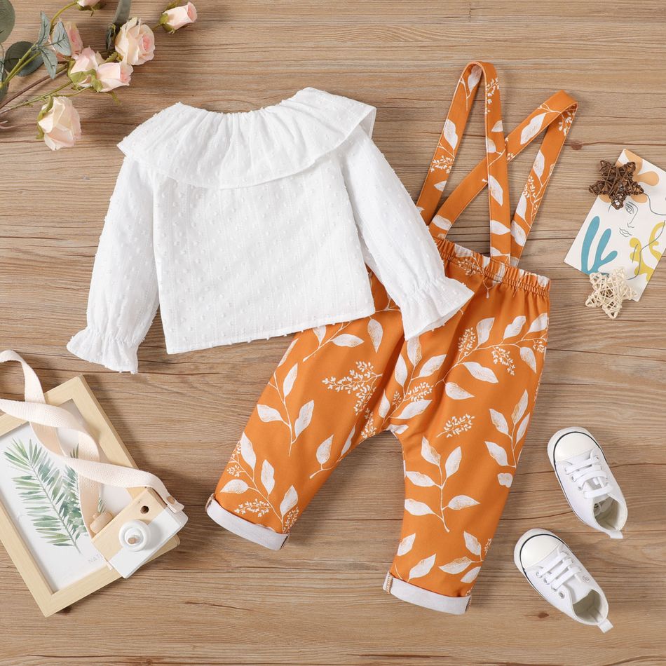 2pcs Baby Girl 100% Cotton Swiss Dot Ruffle Collar Long-sleeve Top and Allover Leaf Print Overalls Set Color block big image 2