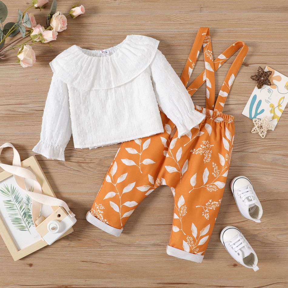 2pcs Baby Girl 100% Cotton Swiss Dot Ruffle Collar Long-sleeve Top and Allover Leaf Print Overalls Set Color block big image 3