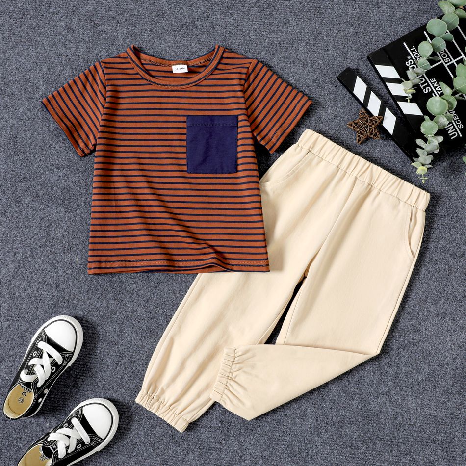 2pcs Toddler Boy Casual Stripe Pocket Design Tee and Pants Set Multi-color big image 1