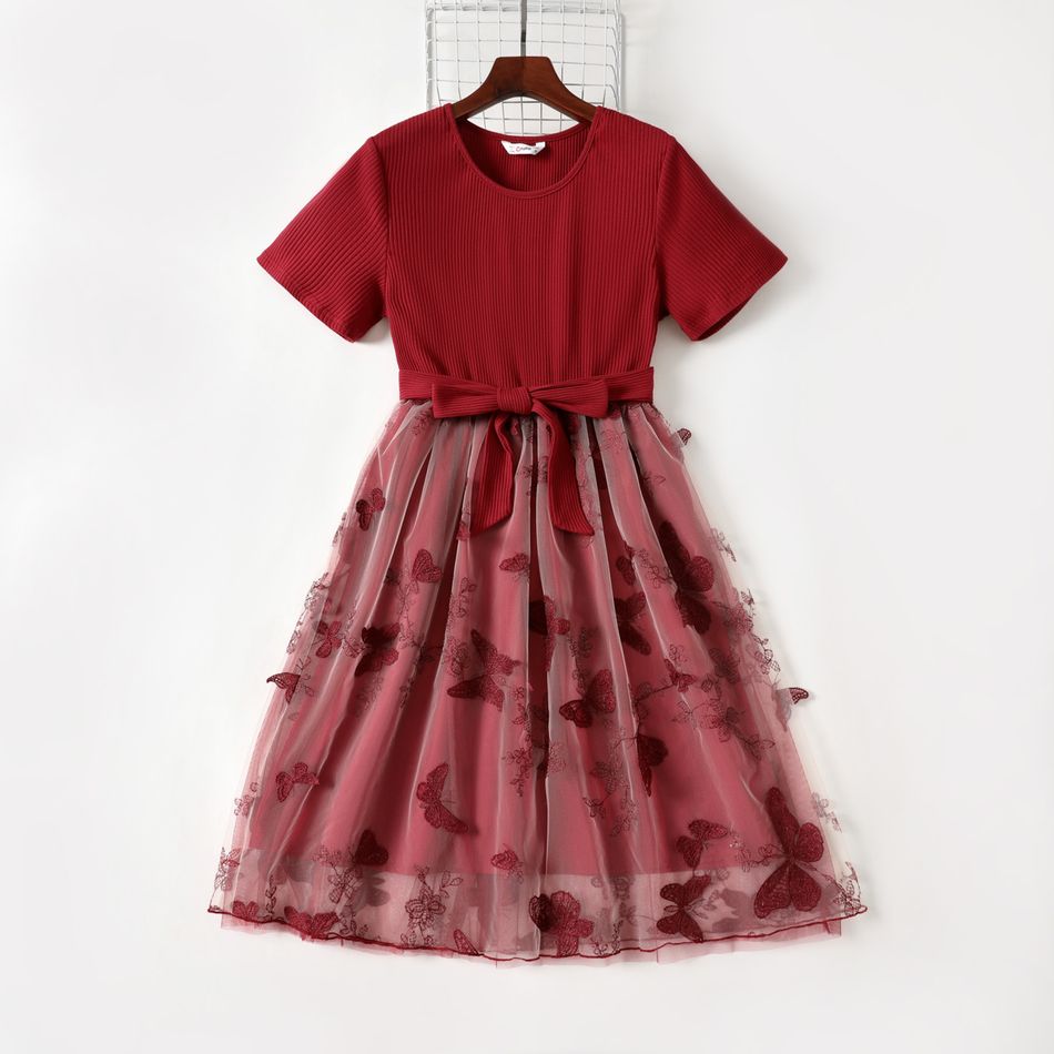 Family Matching 95% Cotton Short-sleeve Colorblock T-shirts and Rib Knit Spliced Butterfly Embroidered Mesh Dresses Sets WineRed big image 2
