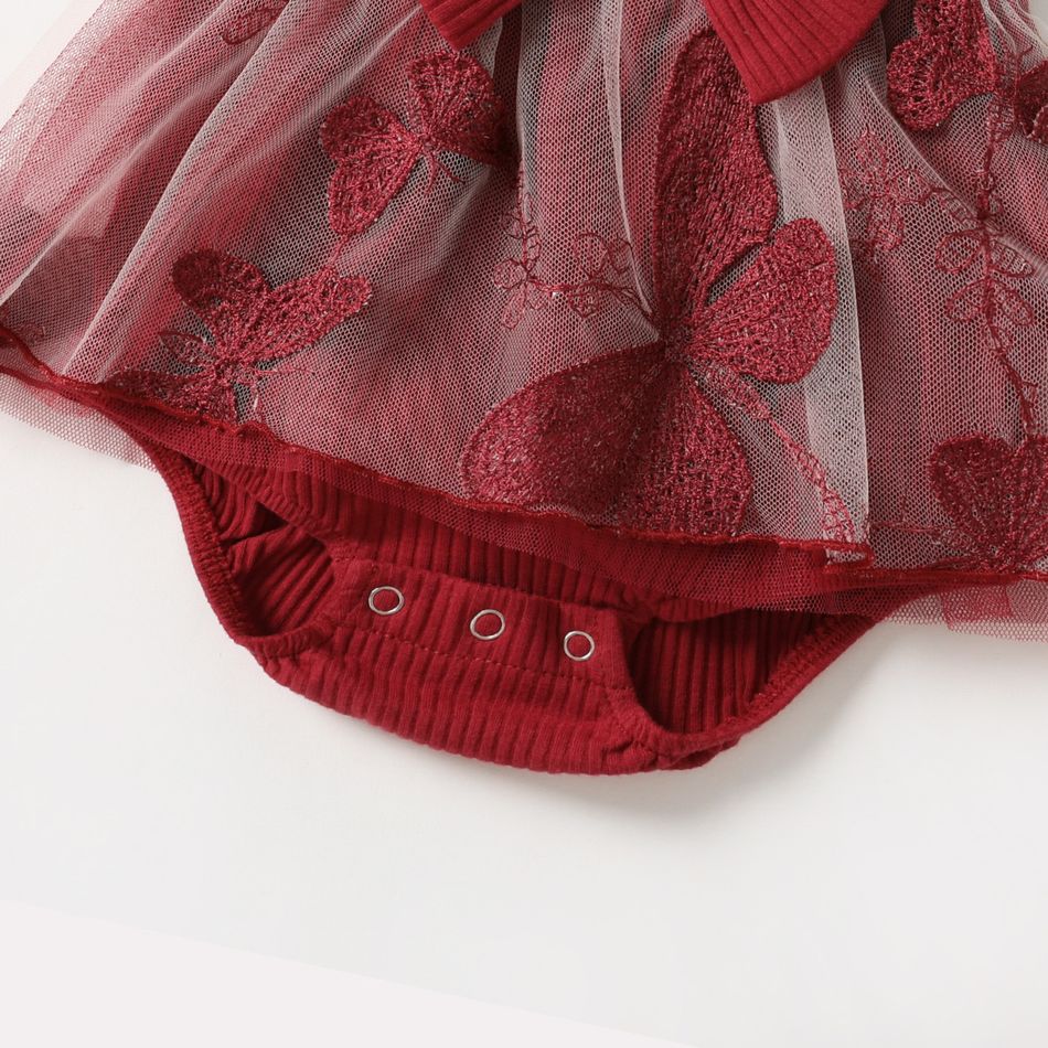 Family Matching 95% Cotton Short-sleeve Colorblock T-shirts and Rib Knit Spliced Butterfly Embroidered Mesh Dresses Sets WineRed big image 12