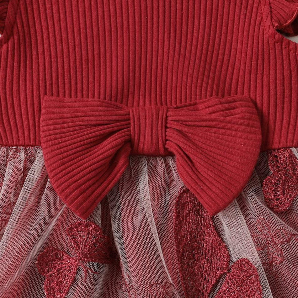 Family Matching 95% Cotton Short-sleeve Colorblock T-shirts and Rib Knit Spliced Butterfly Embroidered Mesh Dresses Sets WineRed big image 9