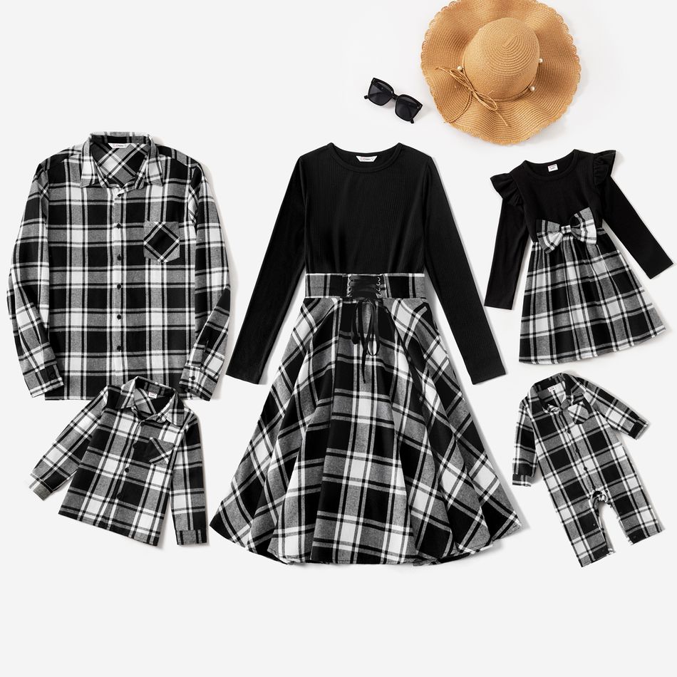 Family Matching Long-sleeve Solid Rib Knit Spliced Plaid Dresses and Shirts Sets BlackandWhite