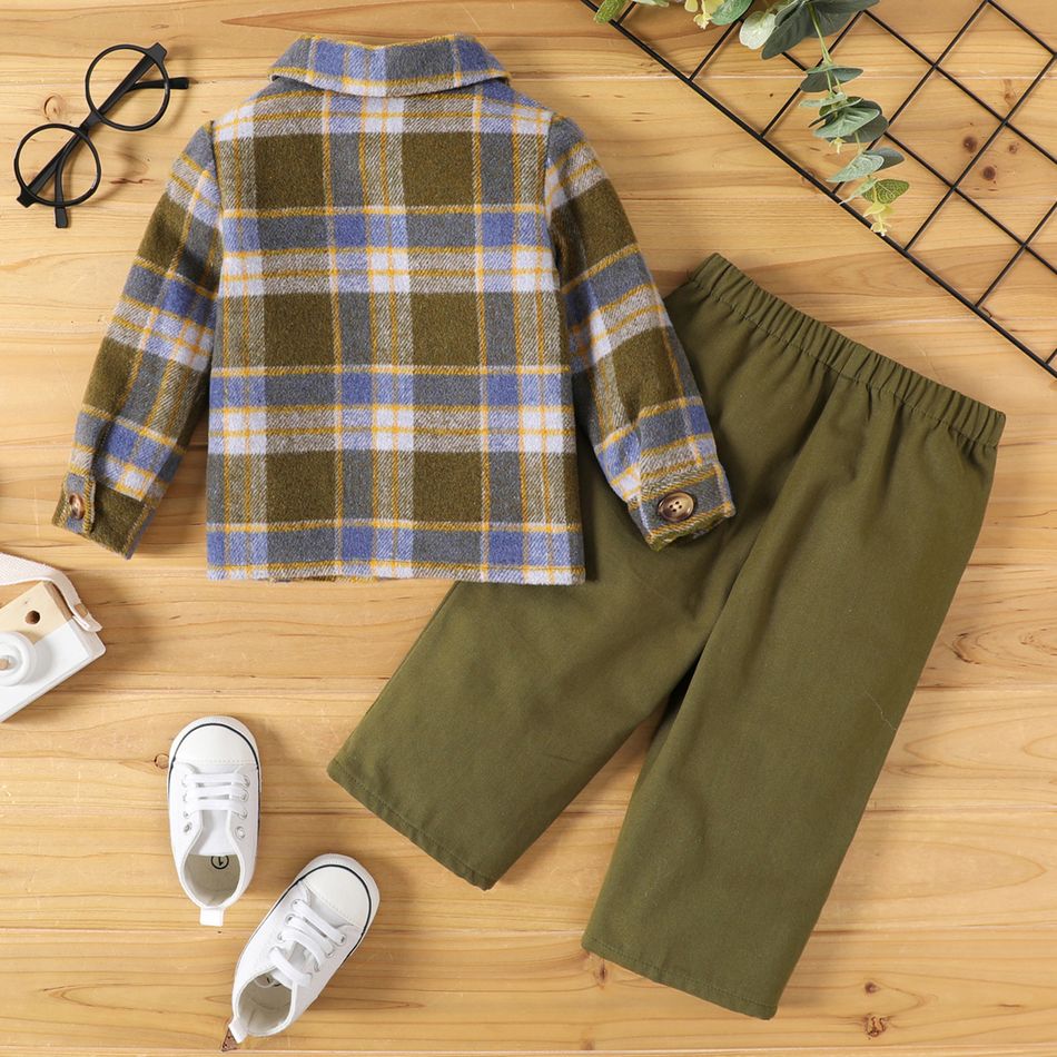 2pcs Baby Boy 100% Cotton Straight Leg Pants and Long-sleeve Plaid Shirt Set Army green big image 2