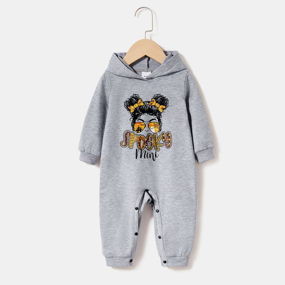 Figure & Letter Print Grey Long-sleeve Hoodie Dress for Mom and Me Grey big image 7