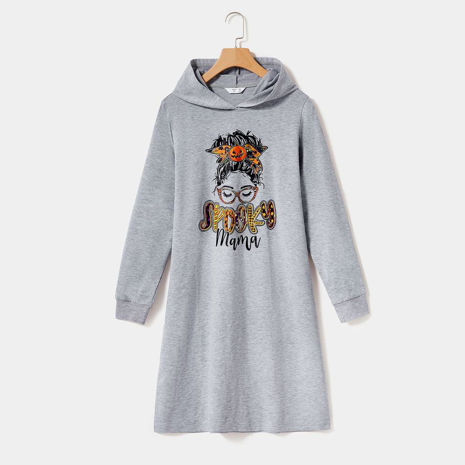 Figure & Letter Print Grey Long-sleeve Hoodie Dress for Mom and Me Grey big image 2