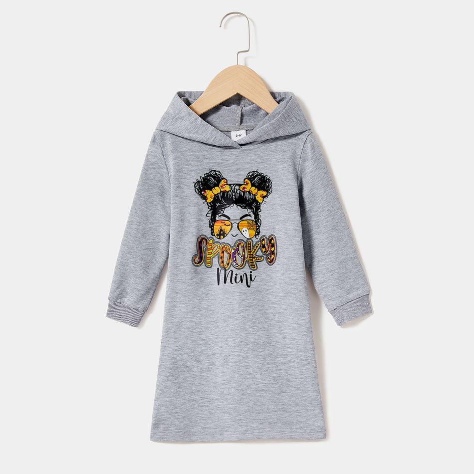 Figure & Letter Print Grey Long-sleeve Hoodie Dress for Mom and Me Grey big image 6