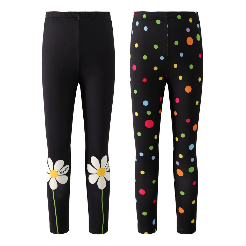 Kid Girl Floral Print/Colorful Polka Dots Black Leggings Black