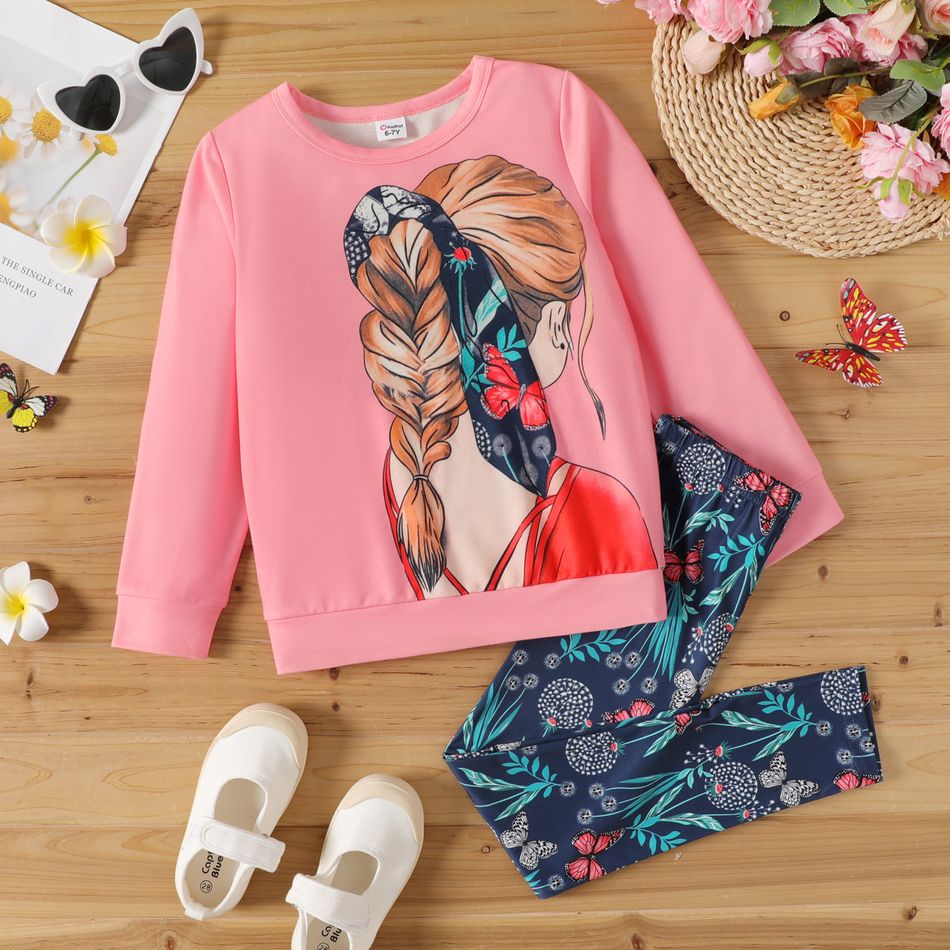 2pcs Kid Girl Figure Print Pink Sweatshirt and Floral Print Leggings Set Pink