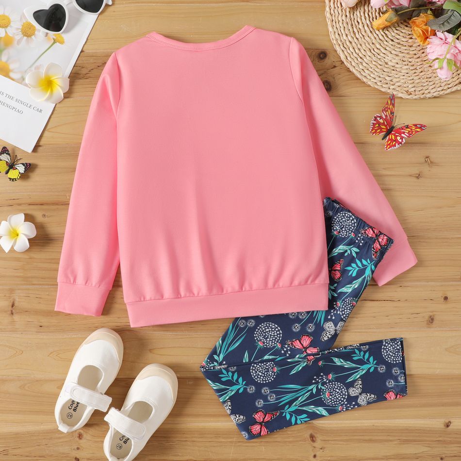 2pcs Kid Girl Figure Print Pink Sweatshirt and Floral Print Leggings Set Pink big image 2
