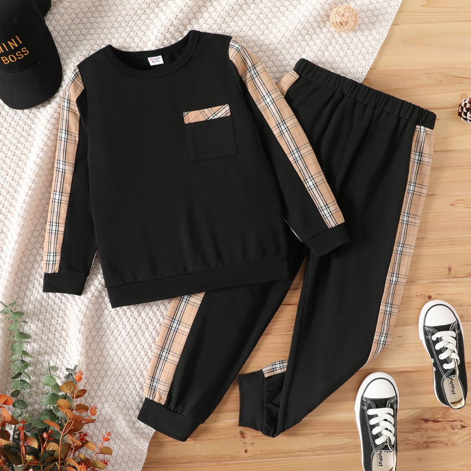 2pcs Kid Boy Colorblock Plaid Print Sweatshirt and Pants Set Black