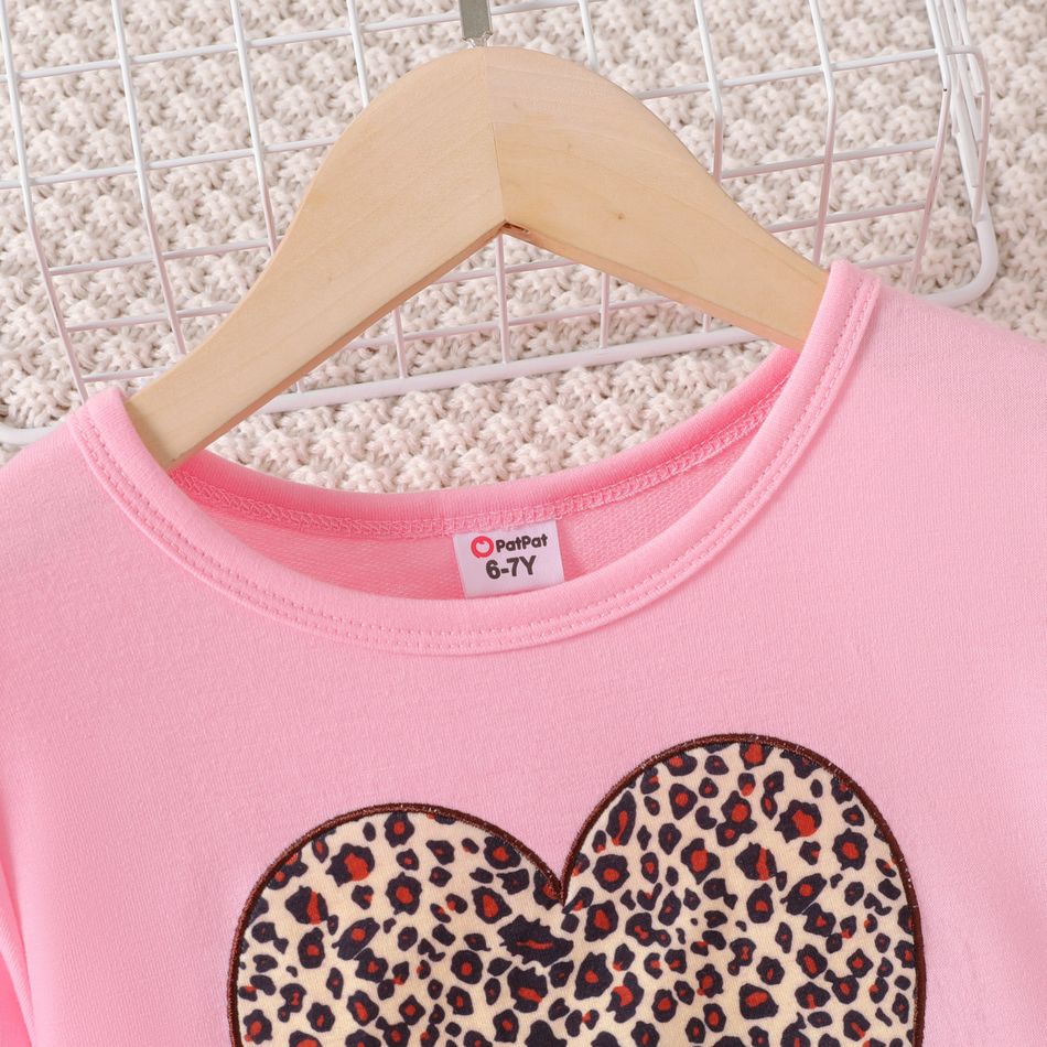 2pcs Kid Girl Leopard Heart Print Lace Hem Long-sleeve Pink Tee and Bowknot Design Leggings Set Pink big image 4