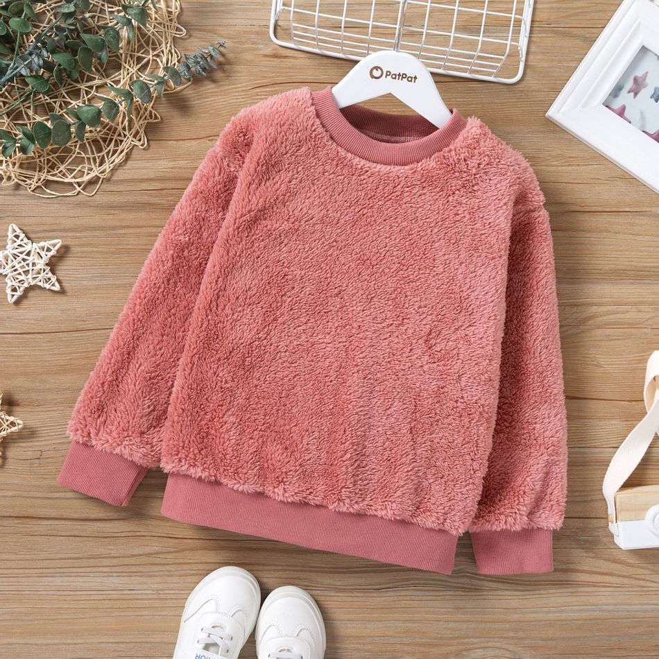 Kid Girl Solid Color Fleece Pullover Sweatshirt Pink