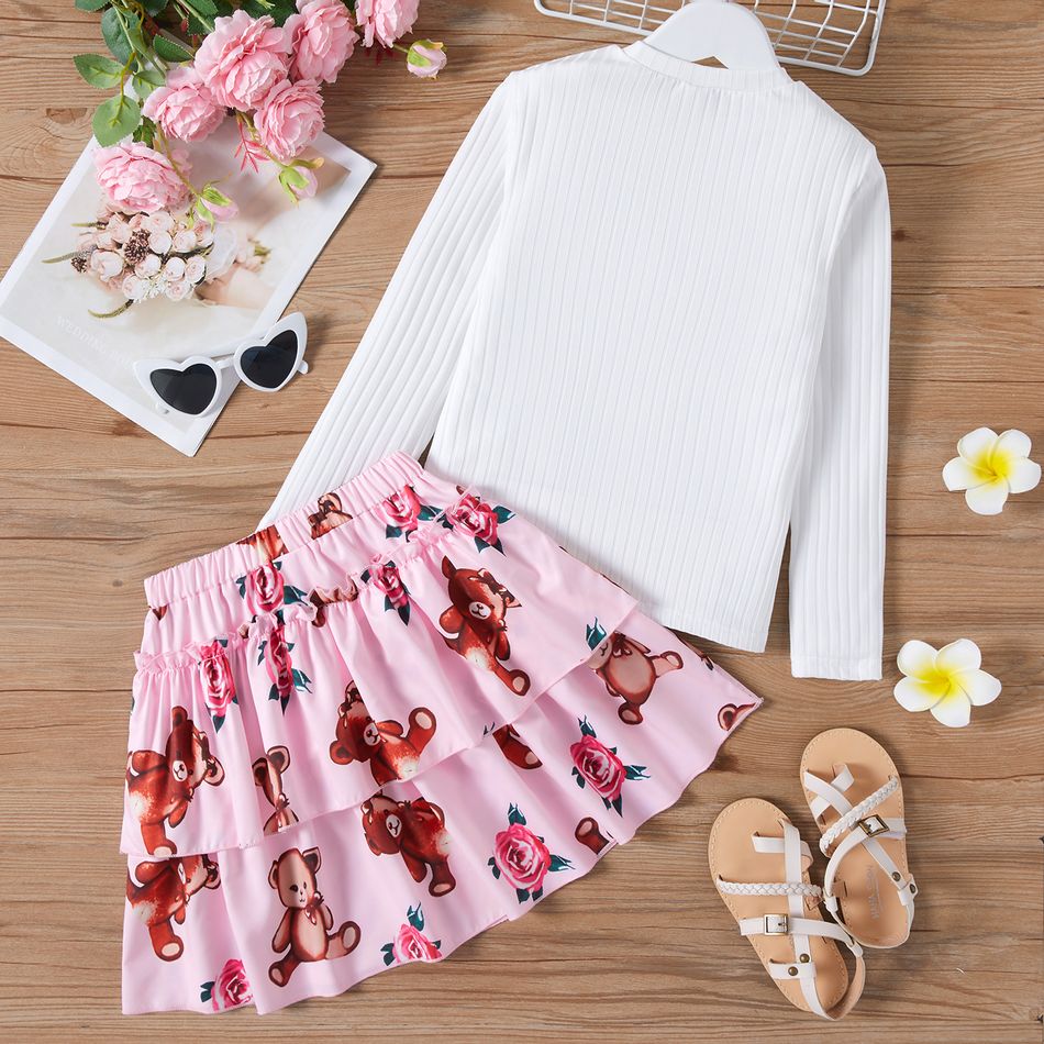2pcs Kid Girl Bear Embroidered Mesh Bowknot Design Long-sleeve Tee and Ruffled Layered Skirt Set White big image 2