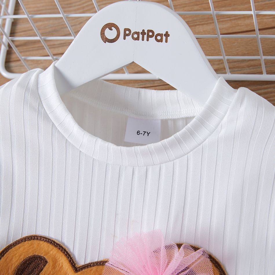 2pcs Kid Girl Bear Embroidered Mesh Bowknot Design Long-sleeve Tee and Ruffled Layered Skirt Set White big image 3