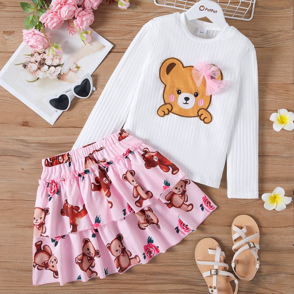 2pcs Kid Girl Bear Embroidered Mesh Bowknot Design Long-sleeve Tee and Ruffled Layered Skirt Set White big image 1