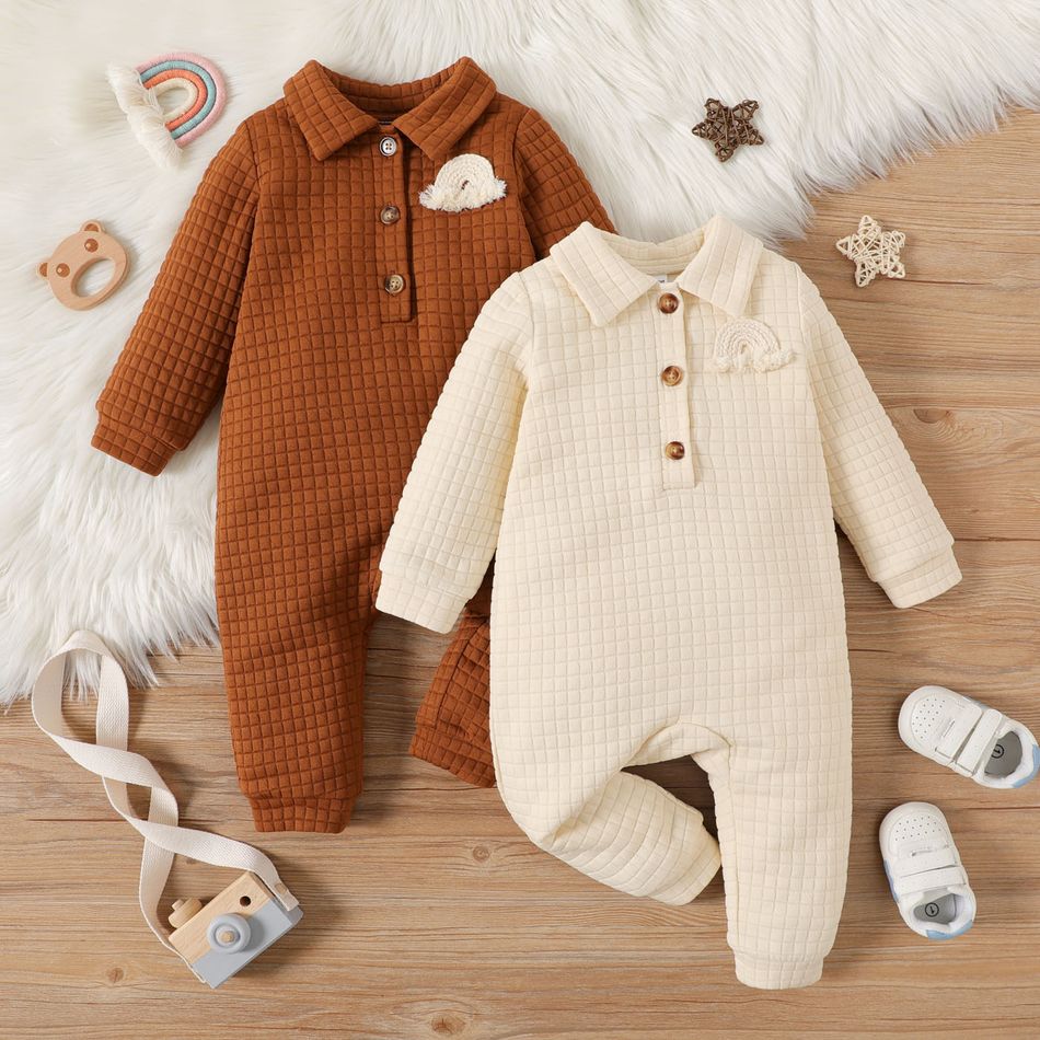 Baby Boy/Girl Rainbow Design Button Front Solid Grid Textured Long-sleeve Jumpsuit Brown big image 2